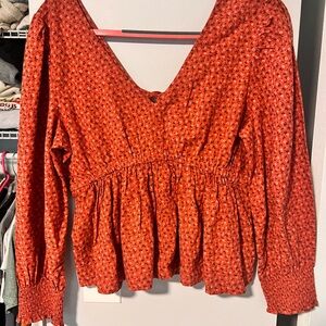 Madewell Orange Smocked Ruffled Blouse